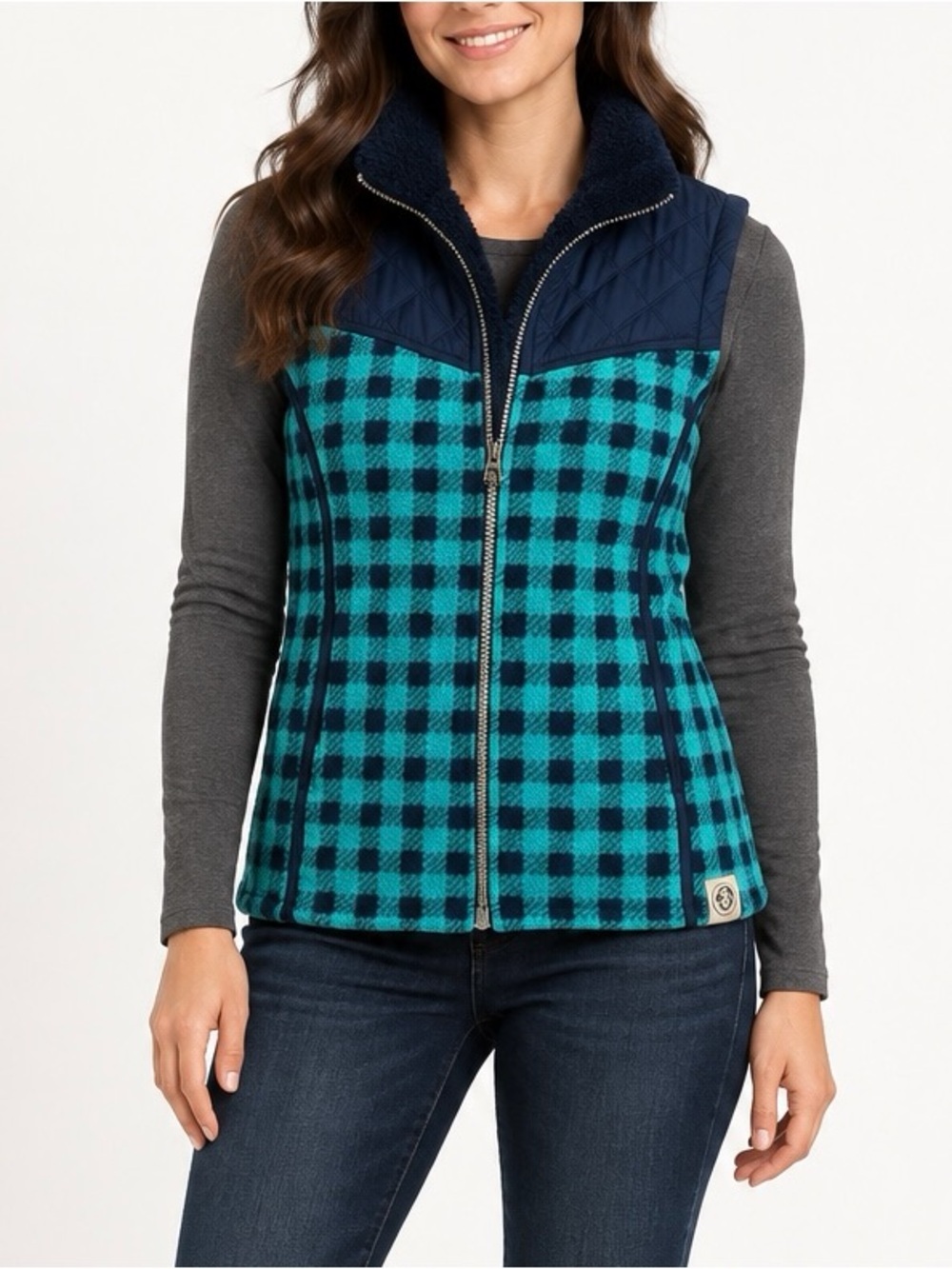 Noble Outfitters Heritage Teal Check Faux Fur Lined Vest XS